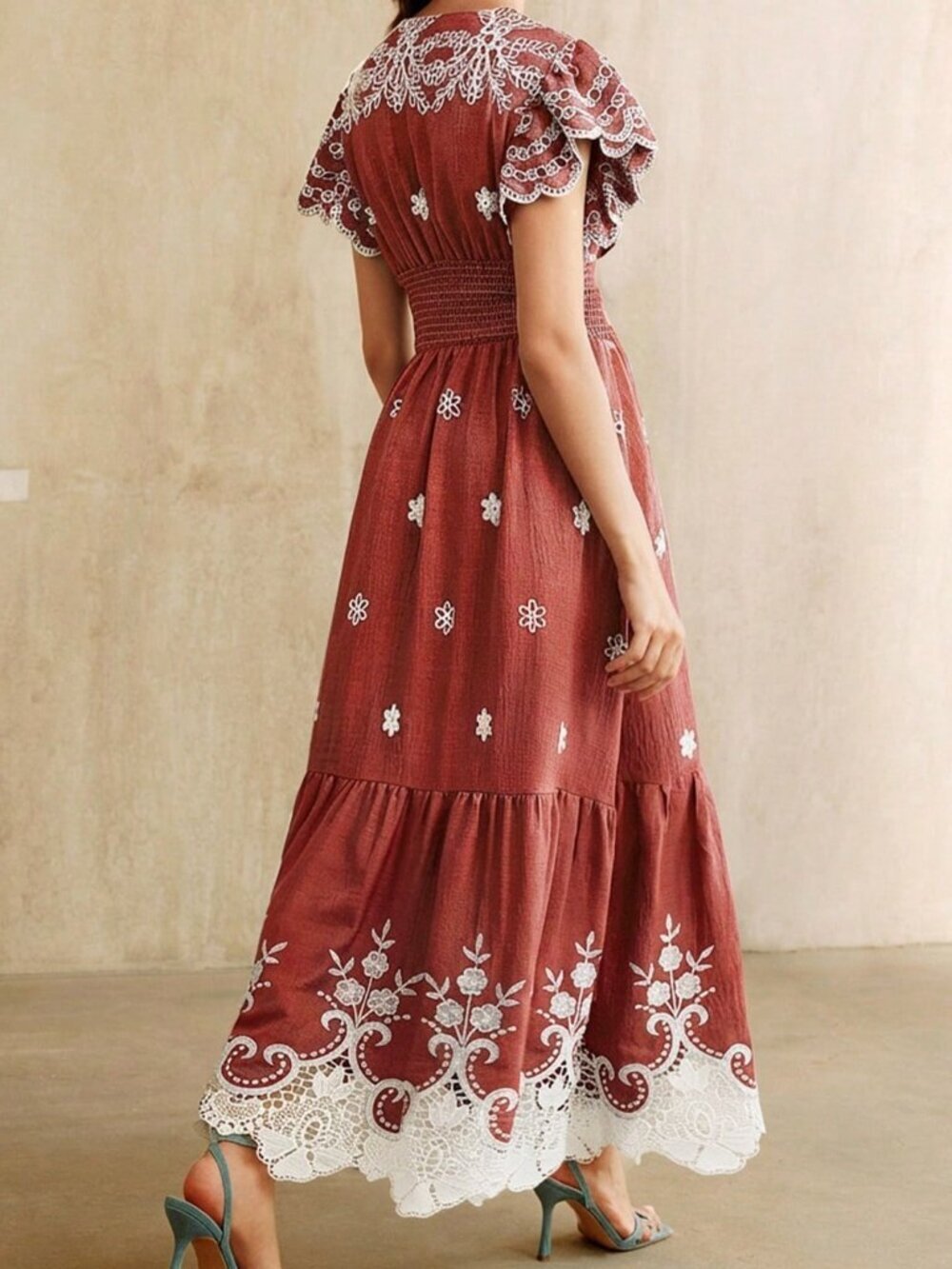 Red Boho Women's Embroidered Lace V-Neck Short Sleeve Cinched Maxi Dress - Picture 2 of 7